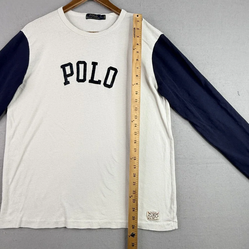 Polo Ralph Lauren Mens Long Sleeve Shirt Large White Navy Blue Graphic Logo
